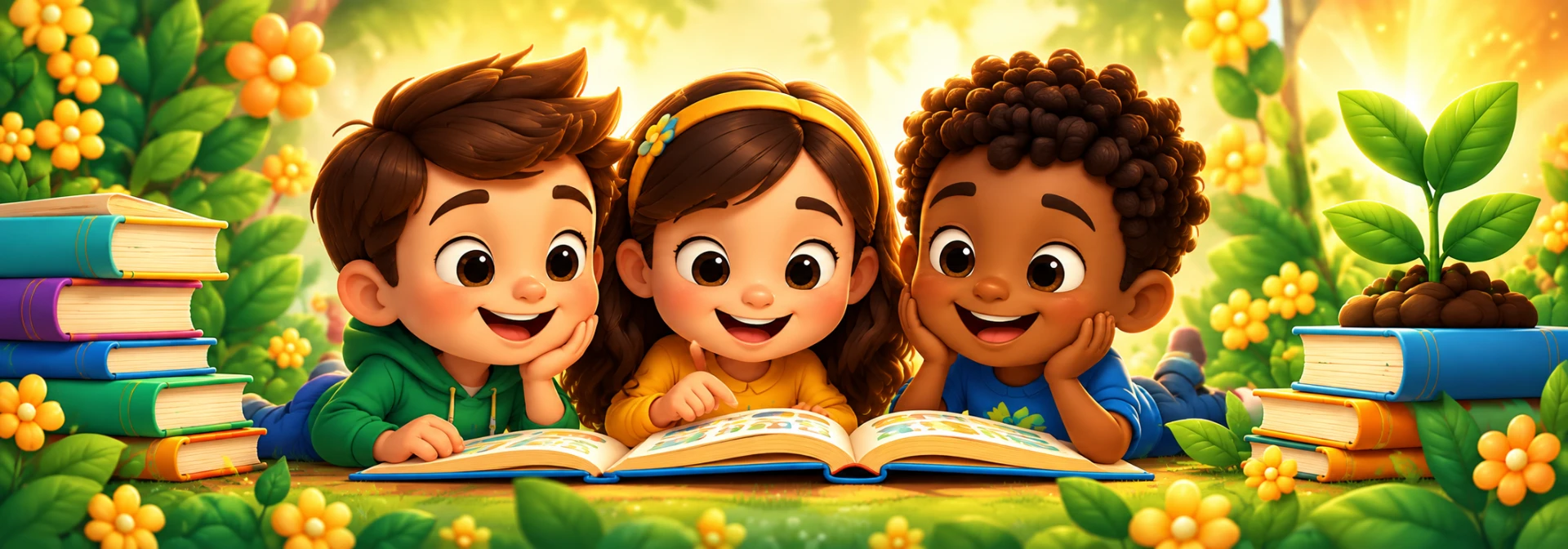 Tres niños leyendo juntos en un jardín